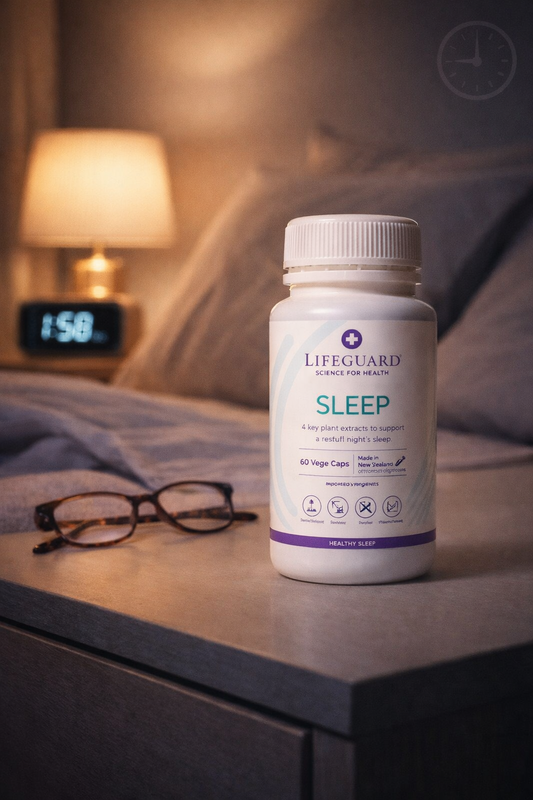 Lifeguard Sleep supplmement beside 158 am alarm clock