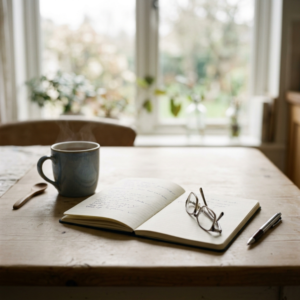 A notebook, pen and cup of tea on a table by a window in morning light