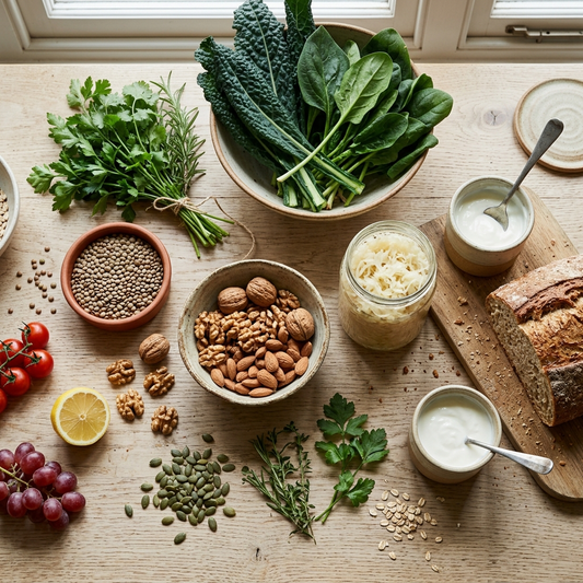 A wide variety of plant foods and fermented foods spread across a kitchen bench