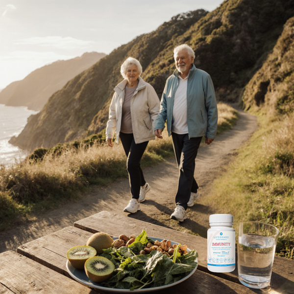 A clean, close-up, flat-lay image on a light neutral background (white or pale grey): a stethoscope, a clipboard with simple immune system doodle