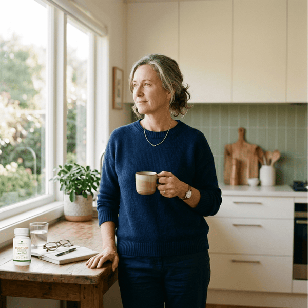 A woman in a kitchen in the morning thinking about perimenopause
