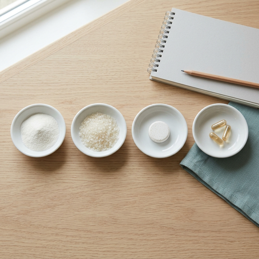 Four unlabelled magnesium supplement forms in white dishes, compared side by side