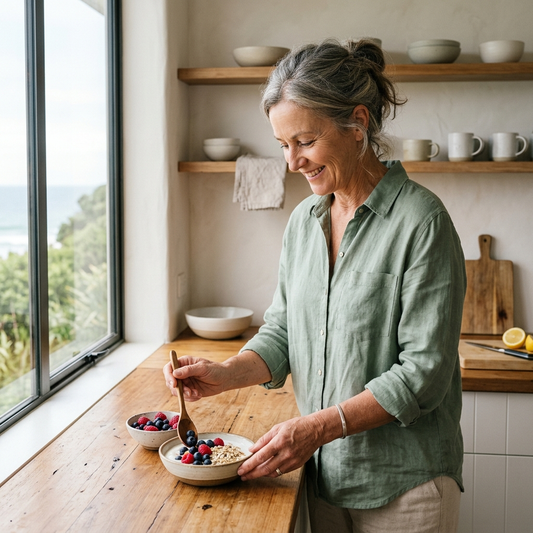 Healthy NZ 50 yo woman preparing healthy breakfast
