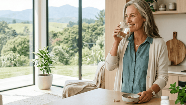Woman in Kitchen drinking a glass of water with supplements
