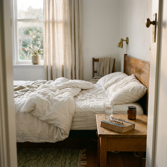 Early morning light across a bedside table and unmade bed in a New Zealand home