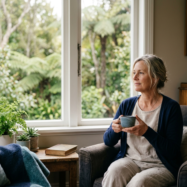 New Zealand woman around 50 sitting by a window with native ferns, low on energy through menopause - natural support for menopause fatigue