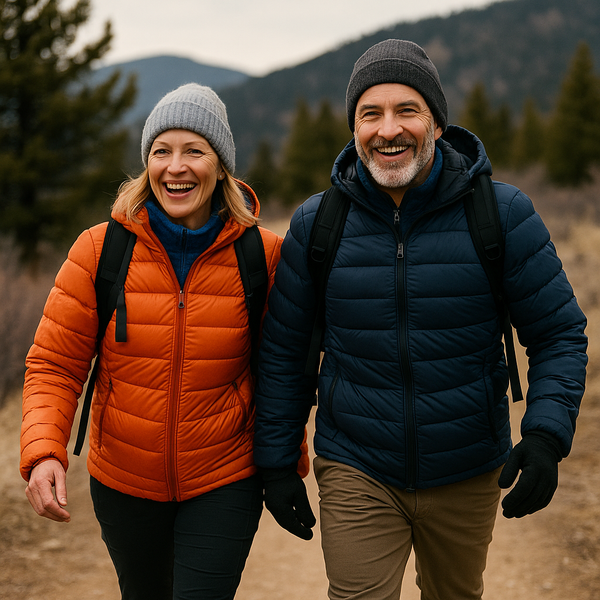Image of a middle aged couple, hiking 
