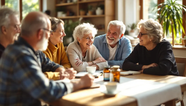 A healthy group of friends discussing supplements