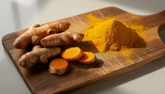 Turmeric and turmeric powder on a chopping board