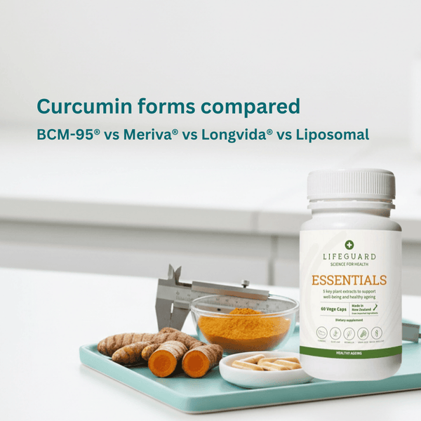 A bottle of Lifeguard Essentials and turmeric in different forms