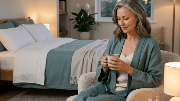 Woman in bedroom preparing for bed with a cup of herbal tea