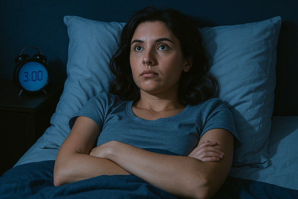 Woman in bed lying awake at 3am