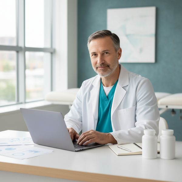 Doctor in office undertaking research on a computer