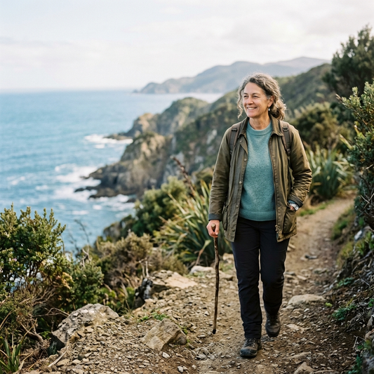Confident New Zealand 55 yo woman outdoors on a bright day