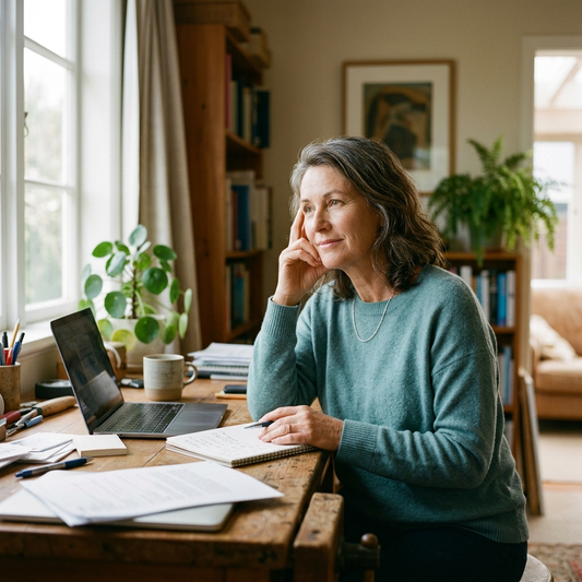 thoughtful New Zealand  woman pausing mid-task at a  home-office, hand near the temple, a mild "lost my train of thought"