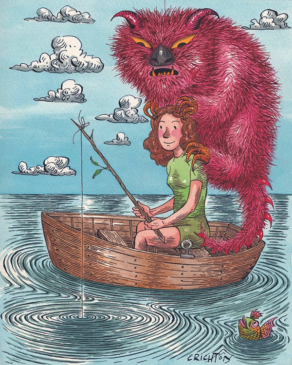 An illustration of the pain monster and a girl fishing 