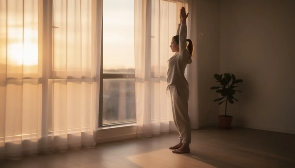 Woman waking and stretching in front of window