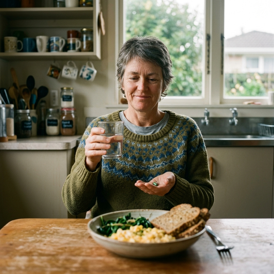 A woman at a kitchen table with a supplement and a glass of water and a bowl of wholefood breakfast