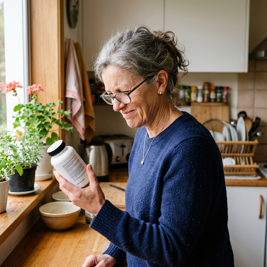 A New Zealand woman in her late 50s in a kitchen, reading the back label of a supplement bottle with visible focus squinting slightly at the small print