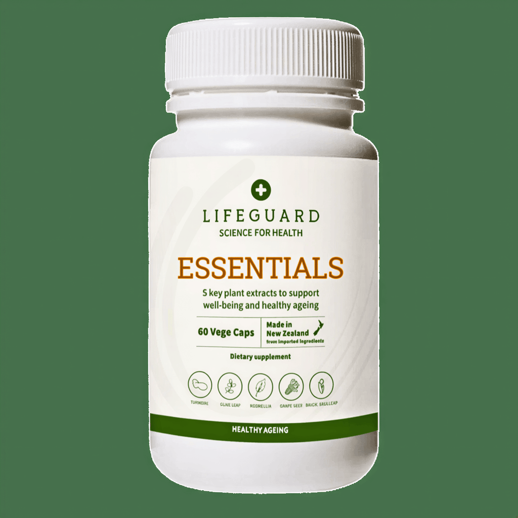 Lifeguard Essentials dietary supplement bottle on a light green background