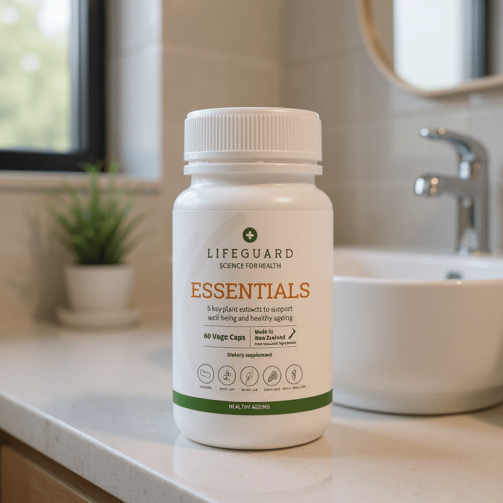 Supplement bottle labeled 'Lifeguard Essentials' on a bathroom counter.