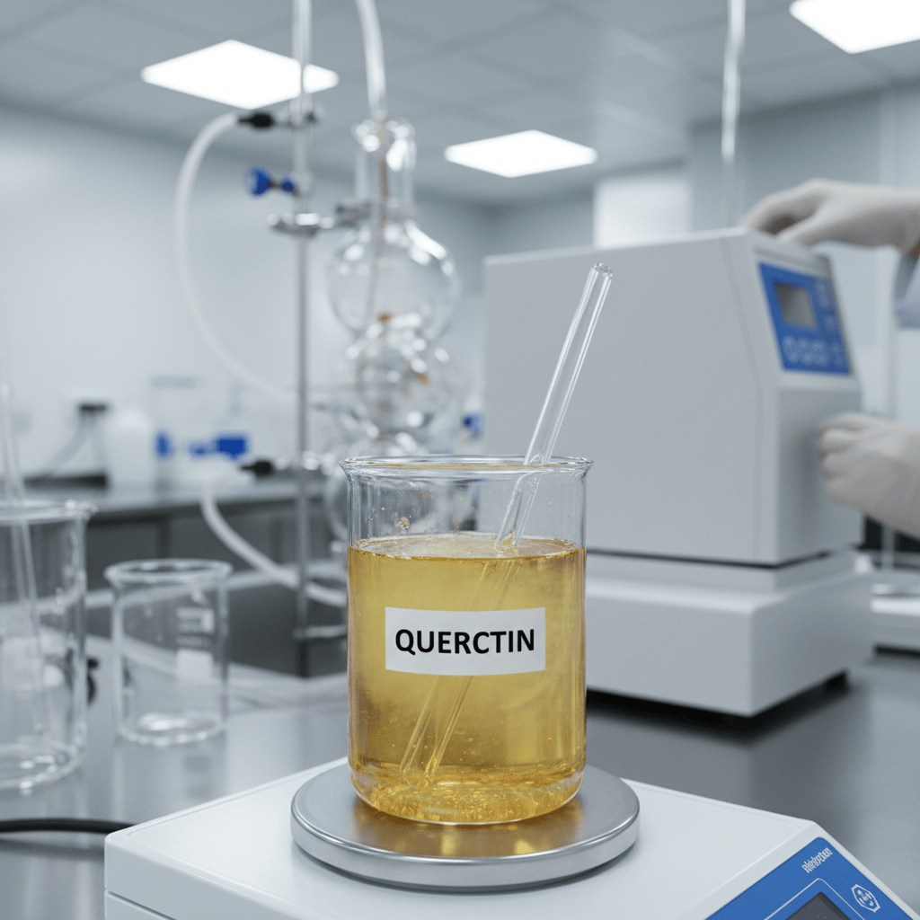 Beaker labeled 'QUERCtin' in a laboratory setting with a person in the background.