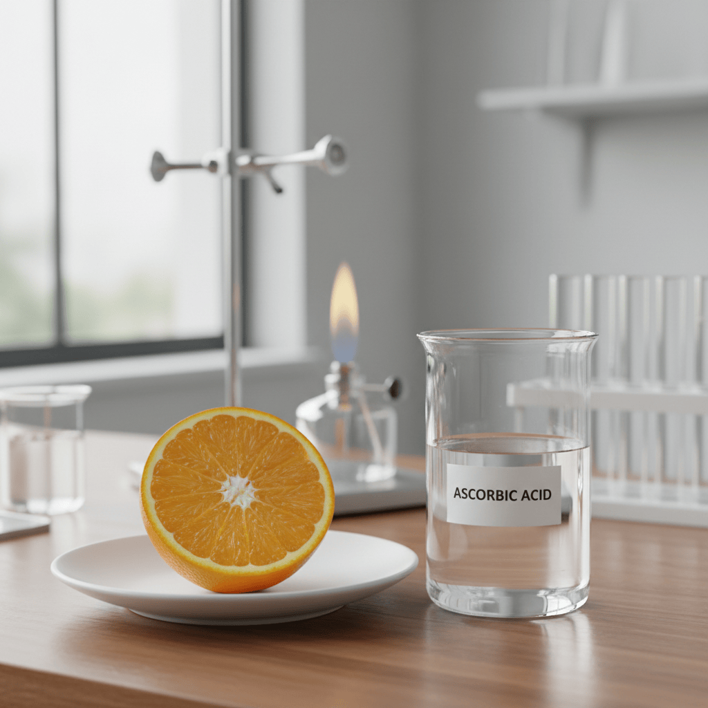 Orange half on a plate next to a beaker labeled 'Ascorbic Acid' in a laboratory setting.
