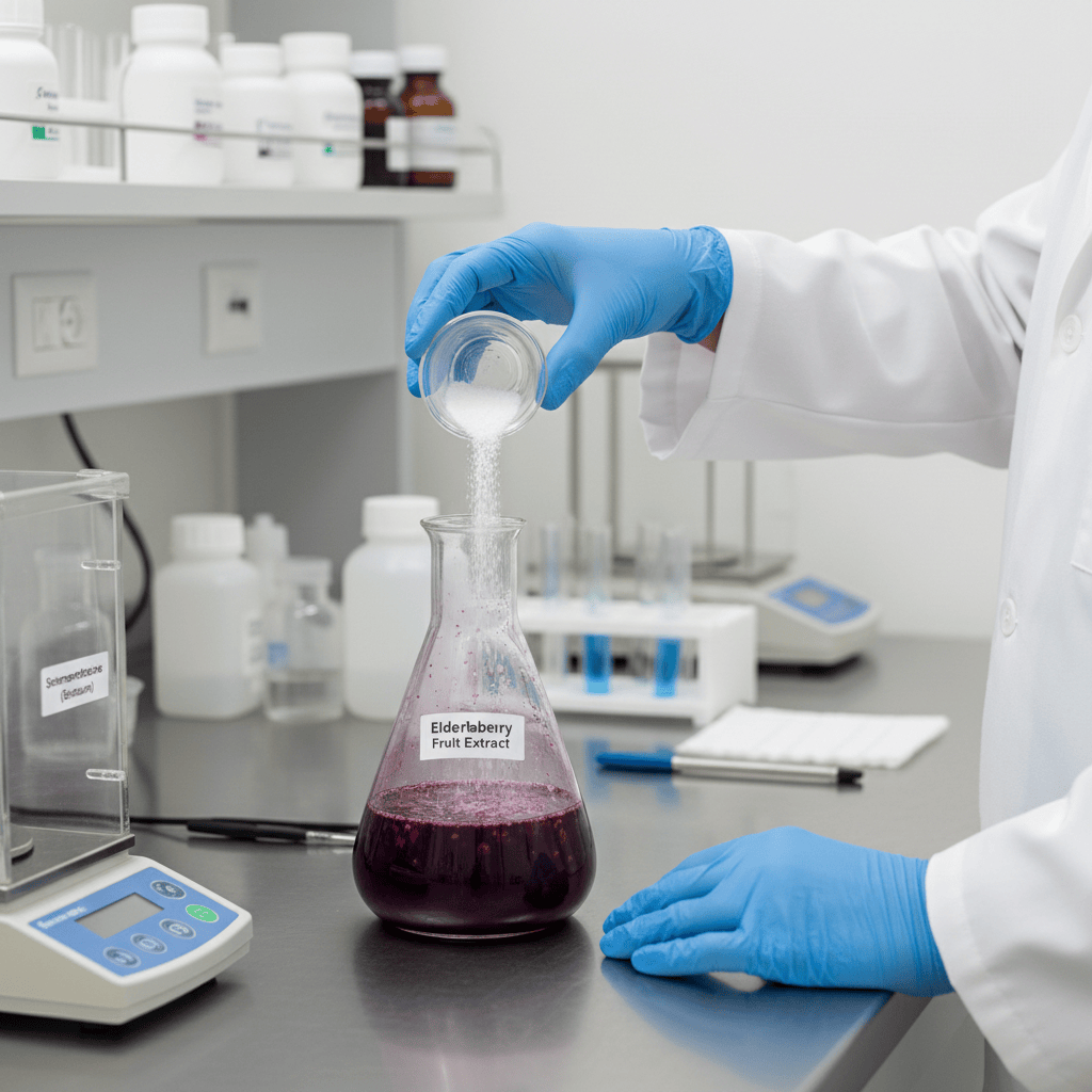 Person in a lab setting pouring liquid into a beaker with various lab equipment in the background.