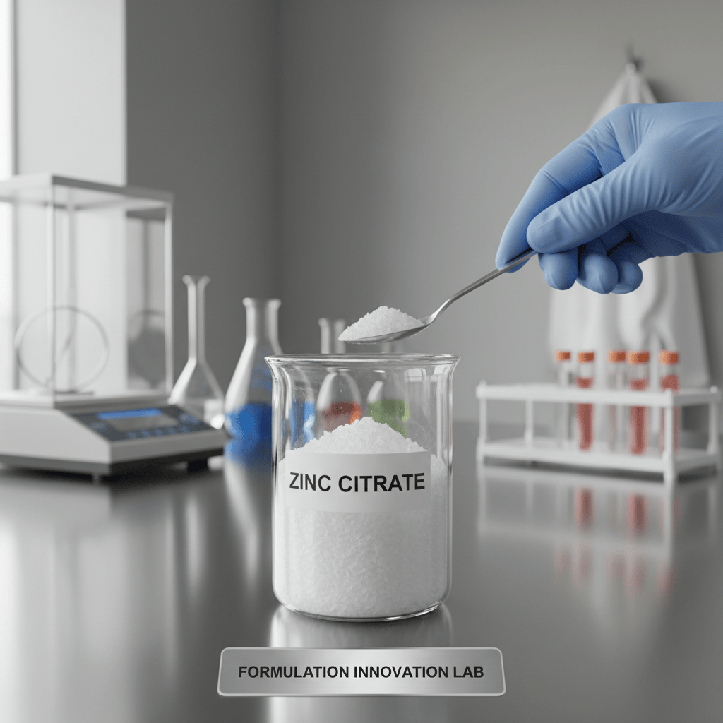 Laboratory setting with a glass container labeled 'Zinc Citrate' and a hand holding a spoon.